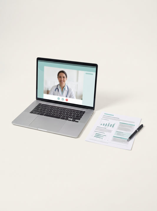 Laptop showing a video consultation with a clinician, next to a printed report.