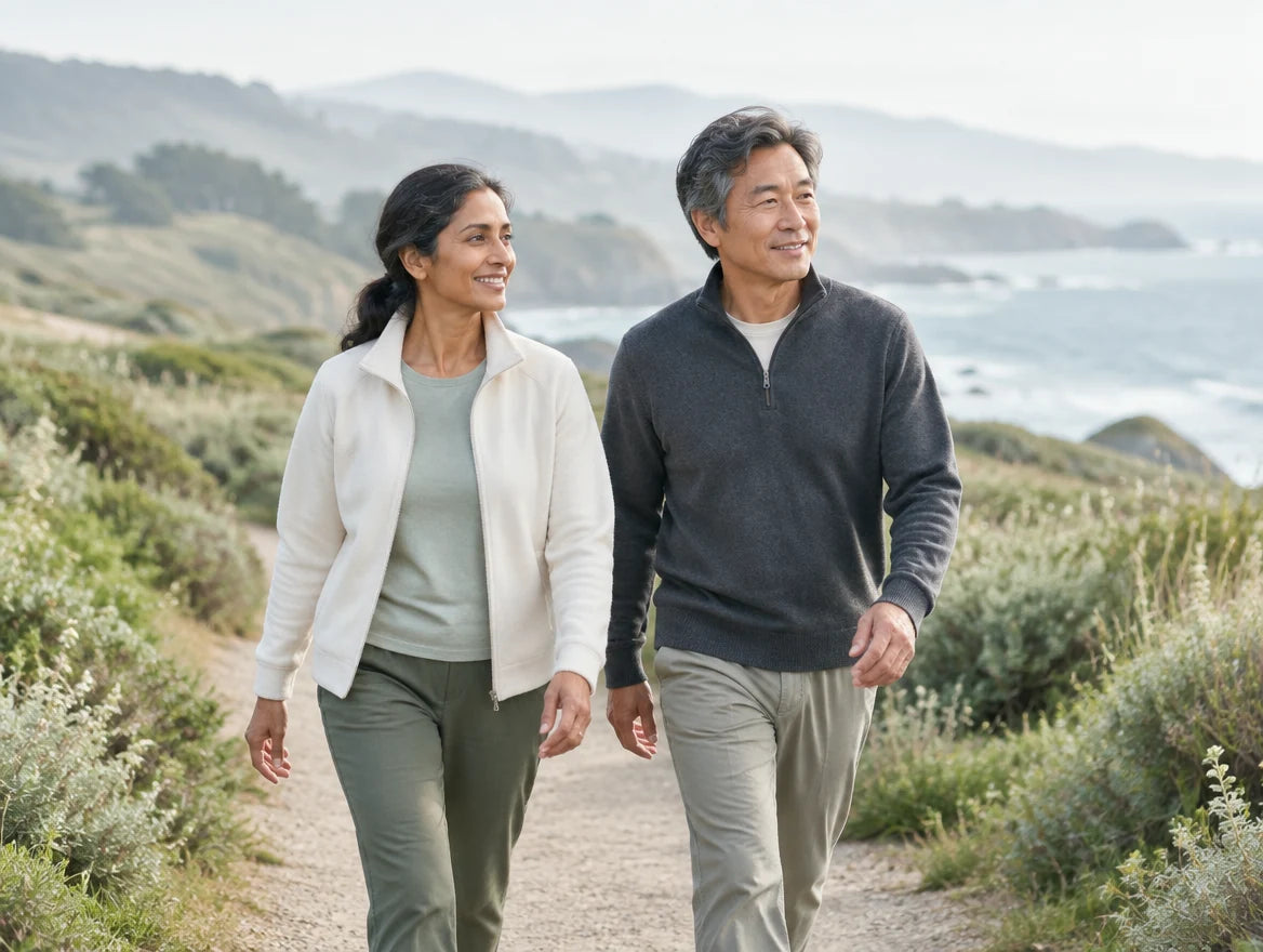 Two adults walking on a coastal trail
